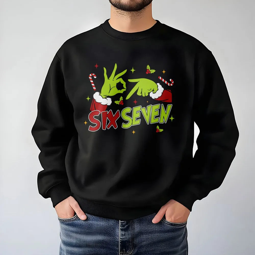 Humorous Green Hand Sign Sweatshirt, Six Seven Christmas Sweatshirt, Meme Holiday Crewneck, Gen Z Xmas Graphic Sweatshirt, Vi