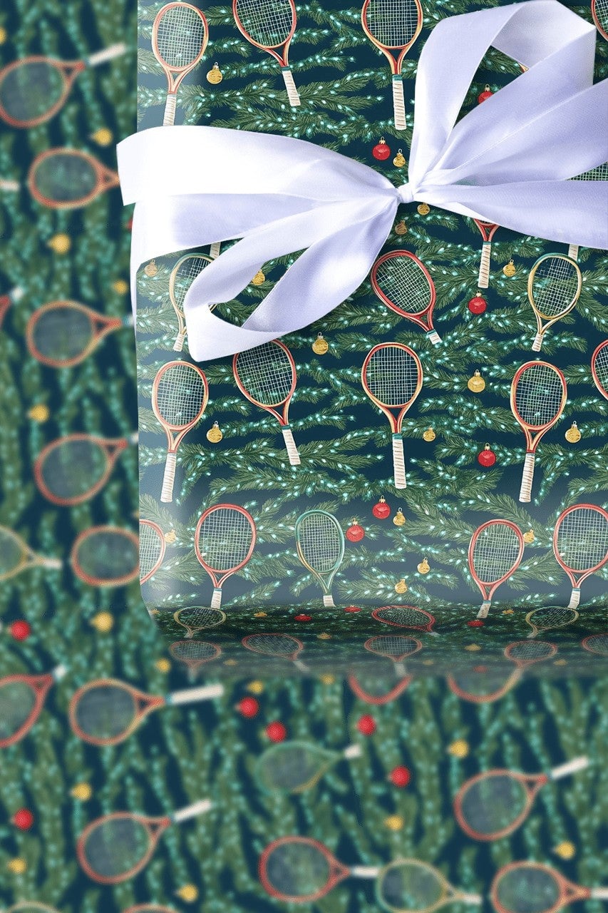 Racket and Ornament Gift Wrap, Tennis Christmas Wrapping Paper, Festive Sports Holiday Wrapping Paper, Tennis Player Xmas Gif