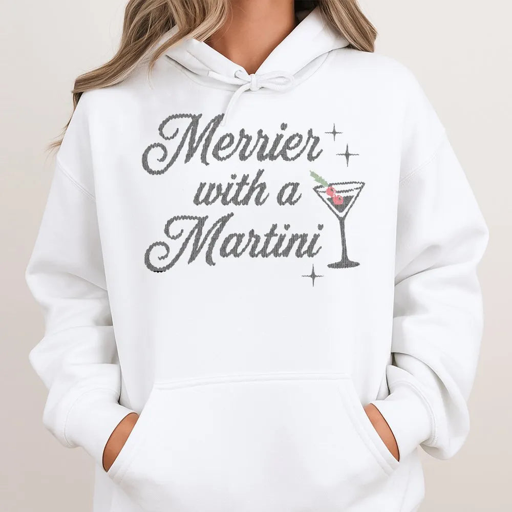 Festive Cocktail Hoodie, Merrier with a Martini Hoodie, Christmas Martini Hoodie, Holiday Party Hooded Sweatshirt, Drinking P