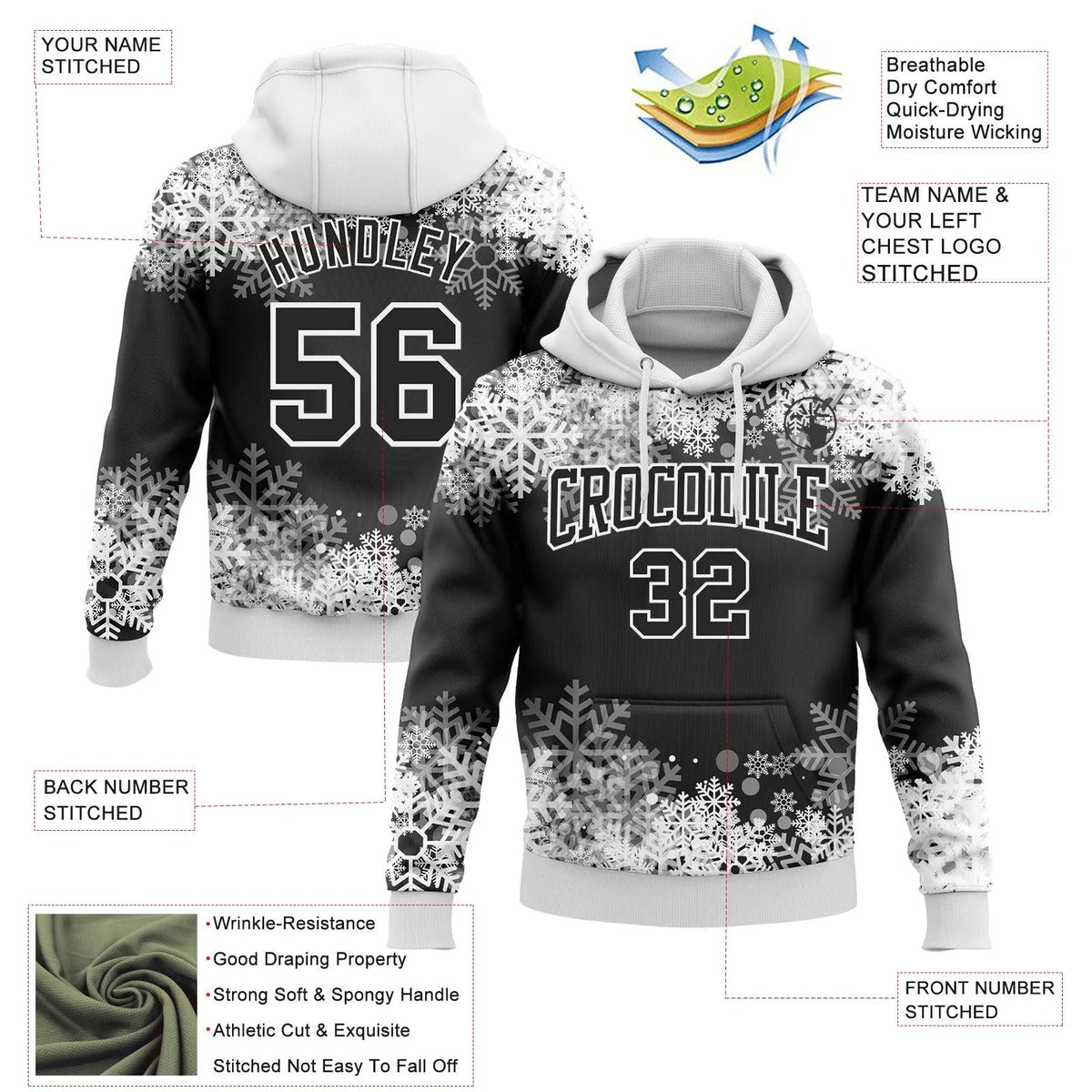 Personalized Name and Number Pullover Sweatshirt, Custom Christmas Snowflake Hoodie, Holiday Winter Sports Hoodie, Xmas Fan P