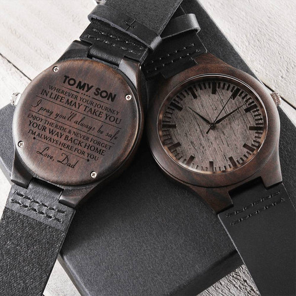 Personalized Sandalwood Timepiece from Dad, Engraved Wooden Watch for Son, Japanese Quartz Leather Watch, Birthday Christmas 