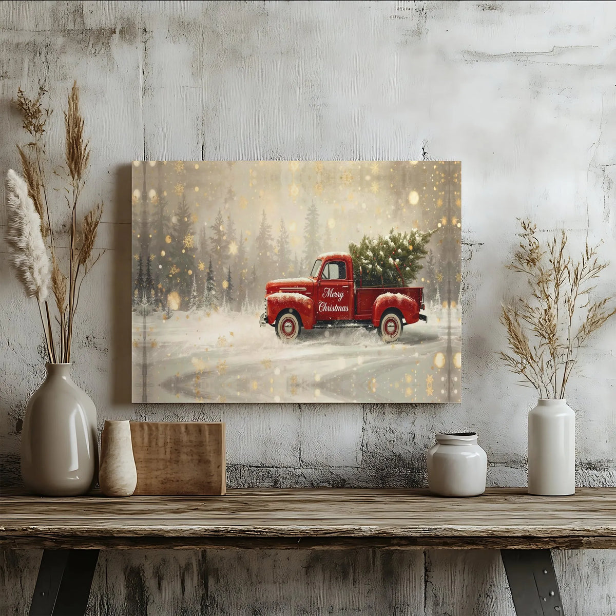 Snowy Winter Forest Tree Canvas Printable, Christmas Red Truck Digital Download, Rustic Farmhouse Xmas Wall Decor, Holiday Ar