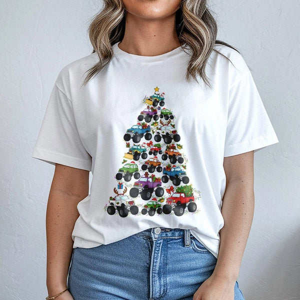 Humorous Xmas Truck T-Shirt, Monster Truck Christmas Tree T-Shirt, Holiday Off Road Graphic Tee, Boys Monster Truck T-Shirt, 