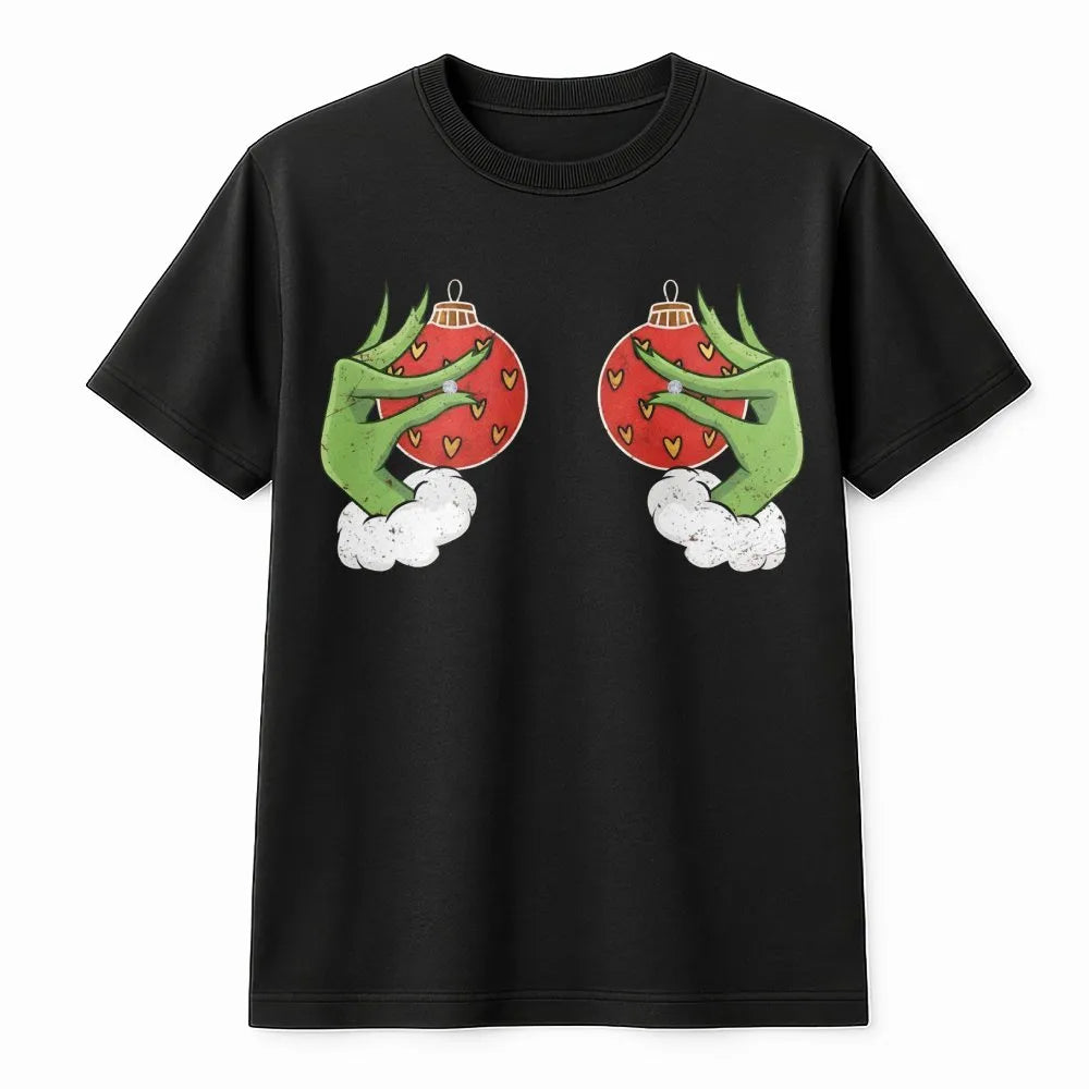 Stealing Ornament Graphic Tee, Green Monster Hand Christmas T-Shirt, Sarcastic Holiday Who Stole Xmas Shirt, Festive Movie Vi