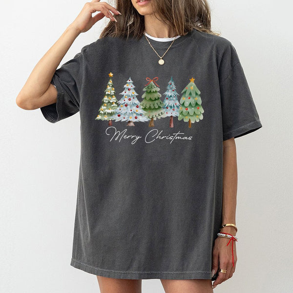 Watercolor Festive Holiday Graphic Tee, Christmas Tree T-Shirt, Merry Christmas Tree Shirt, Winter Aesthetic T-Shirt, Xmas Fa