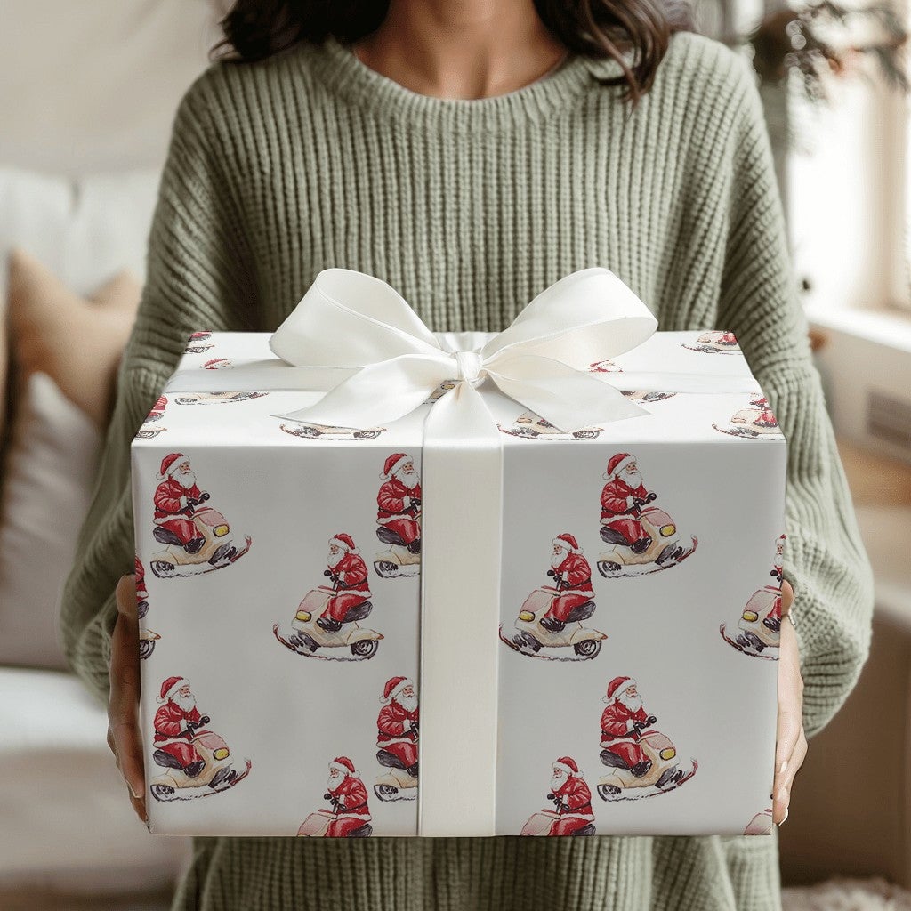 Watercolor Santa Scooter Gift Wrap, Santa Riding Scooter Wrapping Paper, Whimsical Christmas Wrapping Paper, Holiday Present 