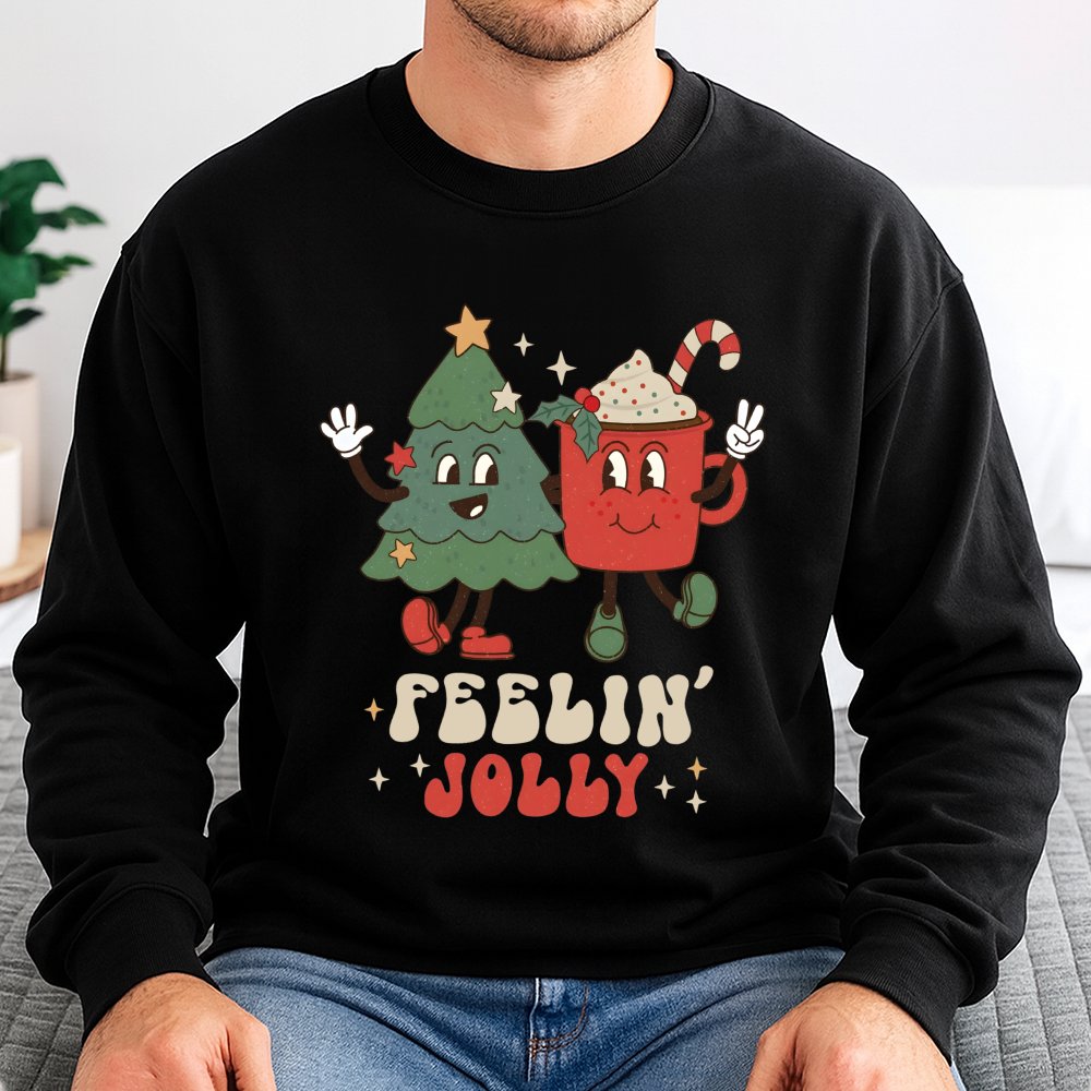 Retro Holiday Tree Sweatshirt, Feelin' Jolly Christmas Sweatshirt, Adorable Hot Cocoa Graphic Crewneck, Vintage Christmas Swe