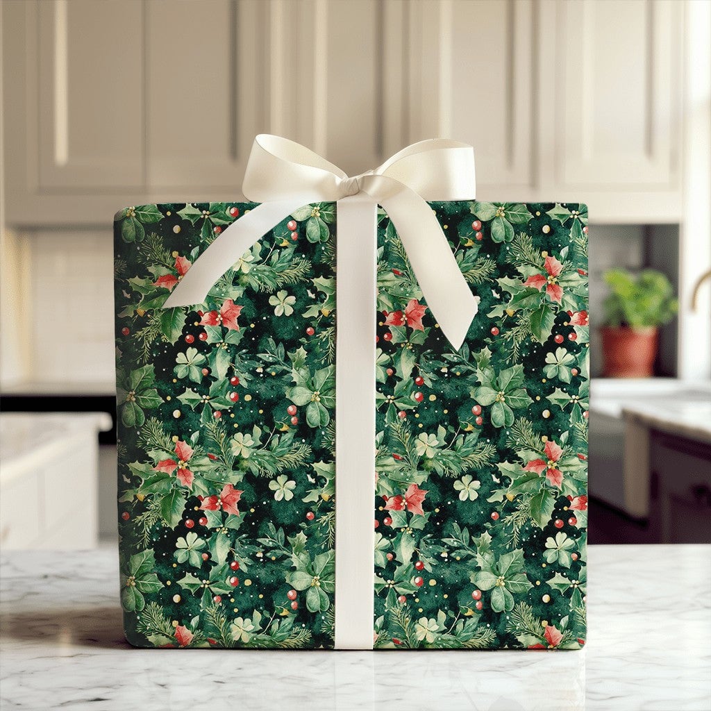 Pine Holly Christmas Gift Wrap, Watercolor Poinsettia Wrapping Paper, Botanical Winter Wrapping Paper, Traditional Holiday Wr