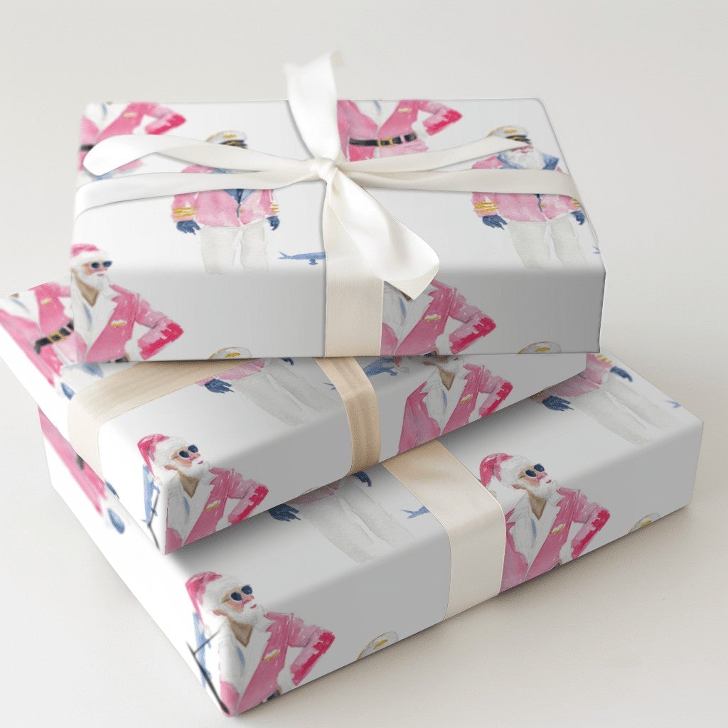 Pink Santa Claus Gift Wrap, Pilot Santa Wrapping Paper, Aviation Travel Christmas Paper, Adorable Airplane Gift Wrap, Holiday
