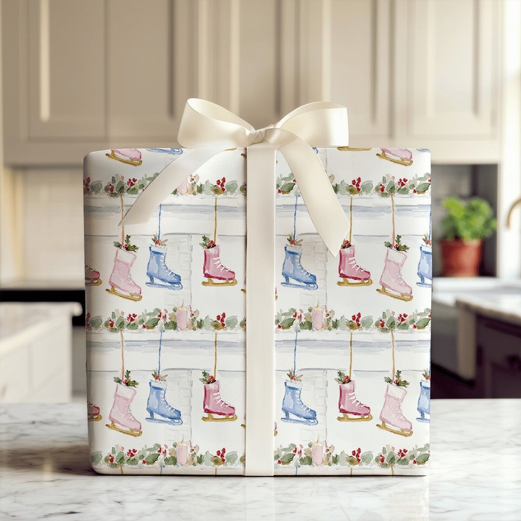 Fireplace Mantel Gift Wrap, Ice Skate Christmas Wrapping Paper, Watercolor Winter Skater Wrapping Paper, Holiday Gift Wrap Ro