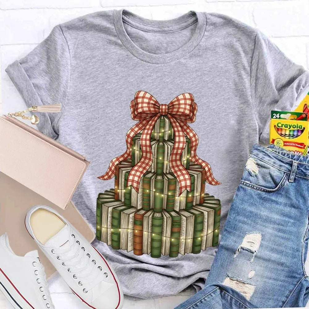 Bookworm Holiday Graphic Tee, Books Bows Lights Christmas Tree Shirt, Comfy Bookish Christmas T-Shirt, Reader Teacher Xmas Pr