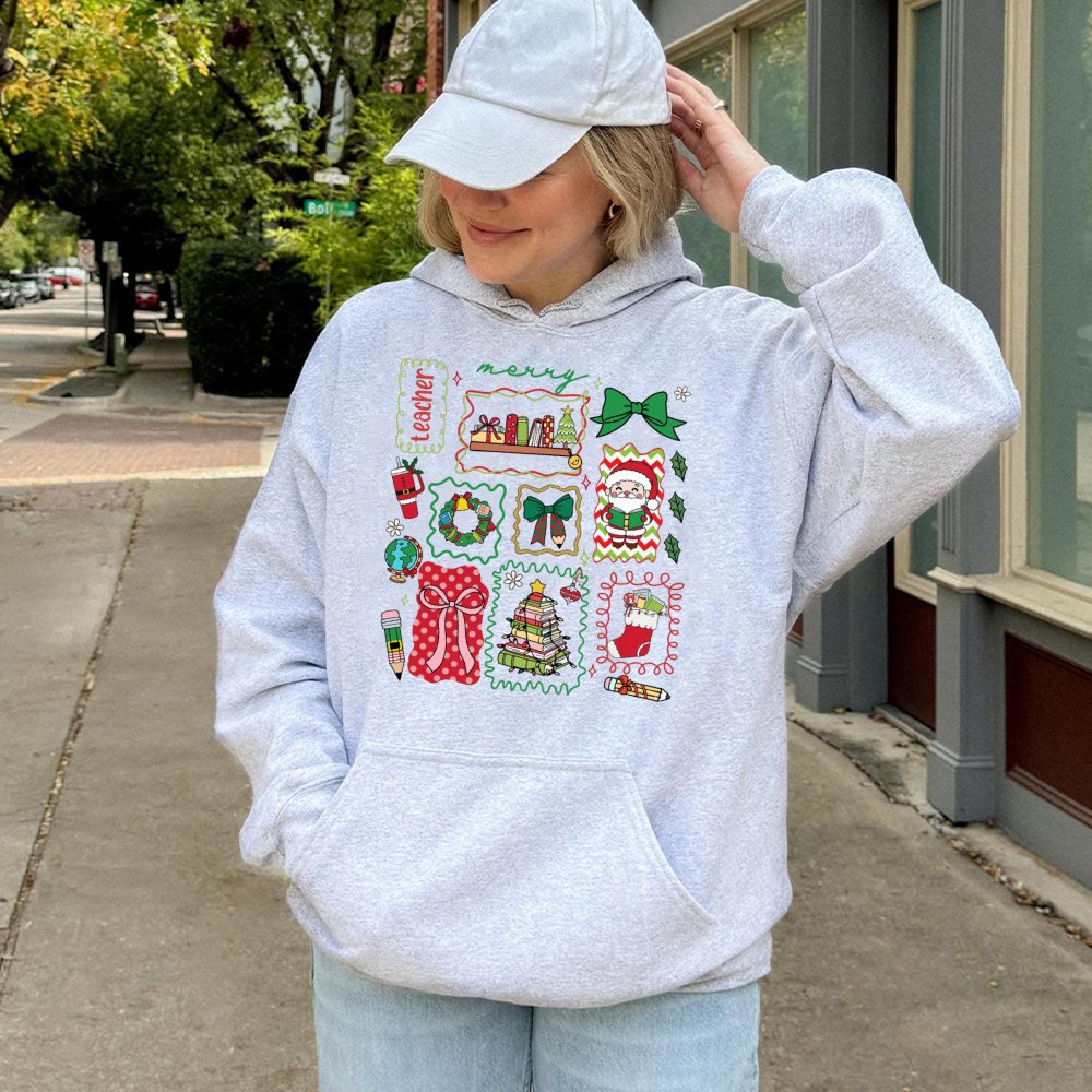 Book Stack Holiday Hoodie, Teacher Christmas Hoodie, Adorable Santa Teacher Sweatshirt, School Educator Christmas Hoodie, Mer
