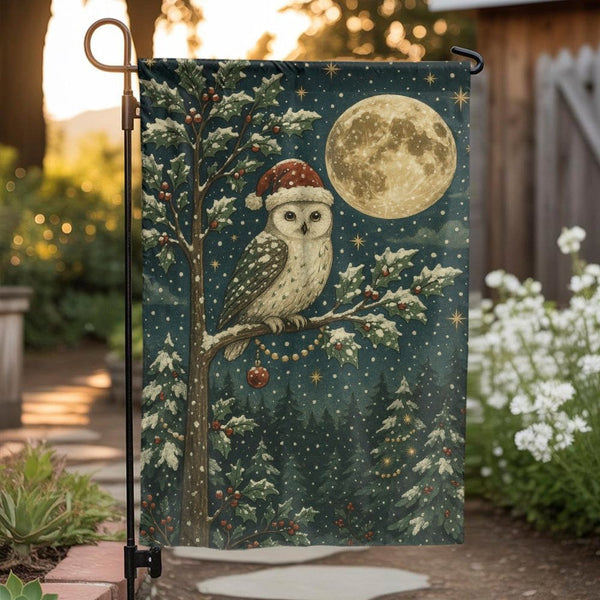 Santa Hat Full Moon Flag, Snowy Owl Christmas Garden Flag, Winter Wildlife Yard Flag, Festive Holiday Lawn Decor, Seasonal Ou