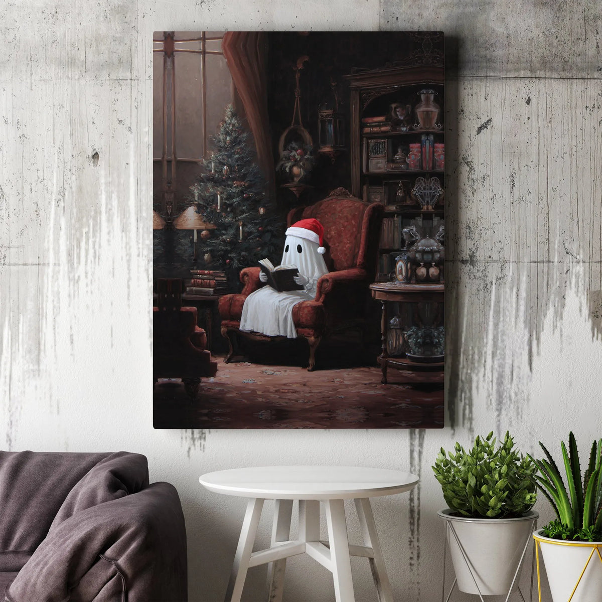 Adorable Santa Hat Ghost Wall Art, Christmas Ghost Reading Book Canvas, Comfy Holiday Canvas Print, Spooky Xmas Wall Art, Boo