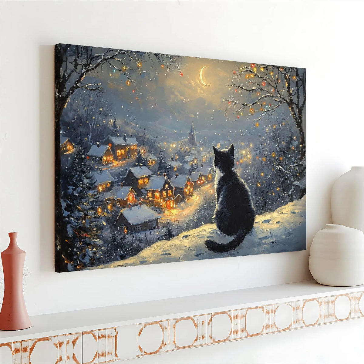 Snowy Christmas Night Art Poster, Black Cat Winter Village Canvas Wall Art, Comfy Holiday Wall Decor Print, Cat Lover Digital