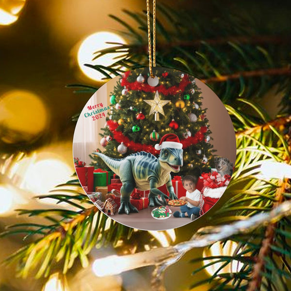 Boy and Dog Dino Tree Ornament, Dinosaur Eating Pizza Christmas Ornament, Adorable 2024 Holiday Ornament, Kids Ceramic Orname