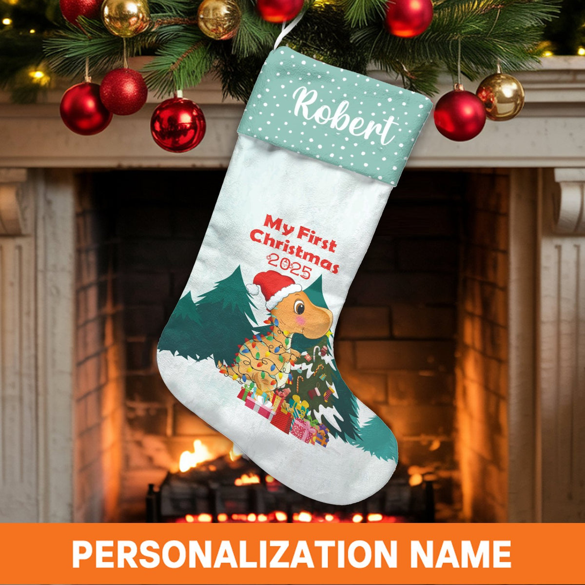 First Christmas 2025 Baby Stocking, Dinosaur Christmas Stocking, Personalized Holiday Stocking, Custom Name Stocking, Xmas Ke