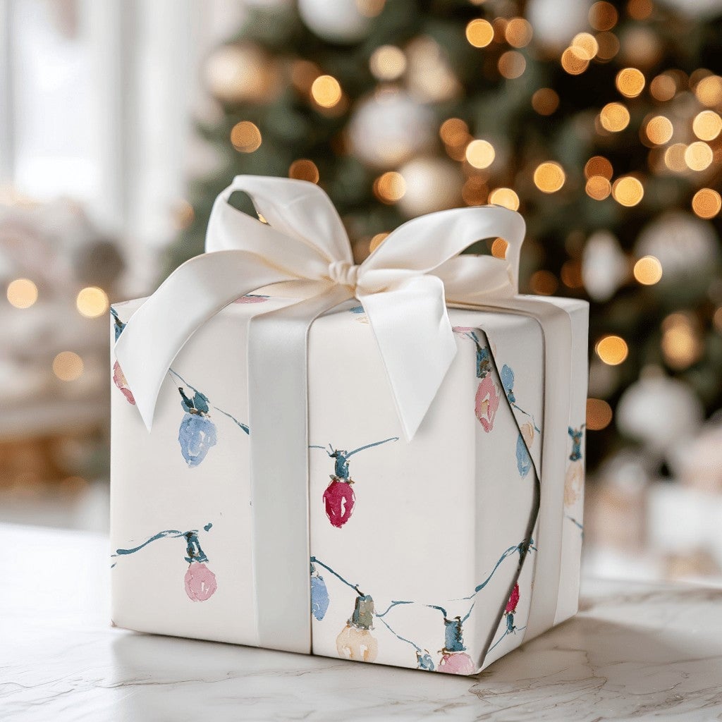 Pastel Holiday String Light Gift Wrap, Watercolor Christmas Lights Wrapping Paper, Festive Xmas Paper, Winter Present Wrappin
