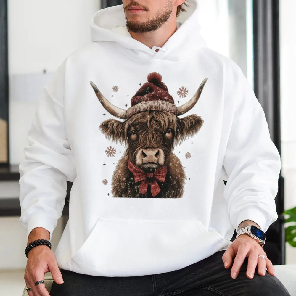 Western Santa Hat Cow Sweatshirt, Christmas Highland Cow Hoodie, Adorable Holiday Cow Hooded Pullover, Festive Winter Cow Gra