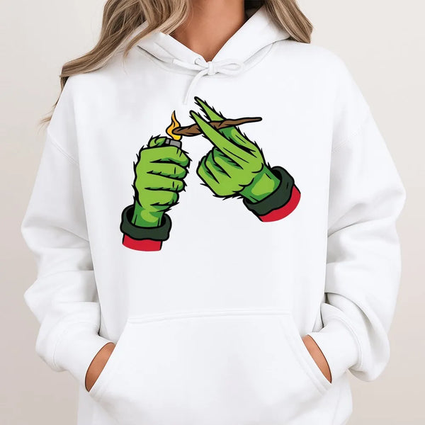 Stoner Christmas Graphic Pullover, Green Monster Hand Hoodie, Humorous Weed Smoker Hoodie, Holiday Christmas Hoodie, Green Mo