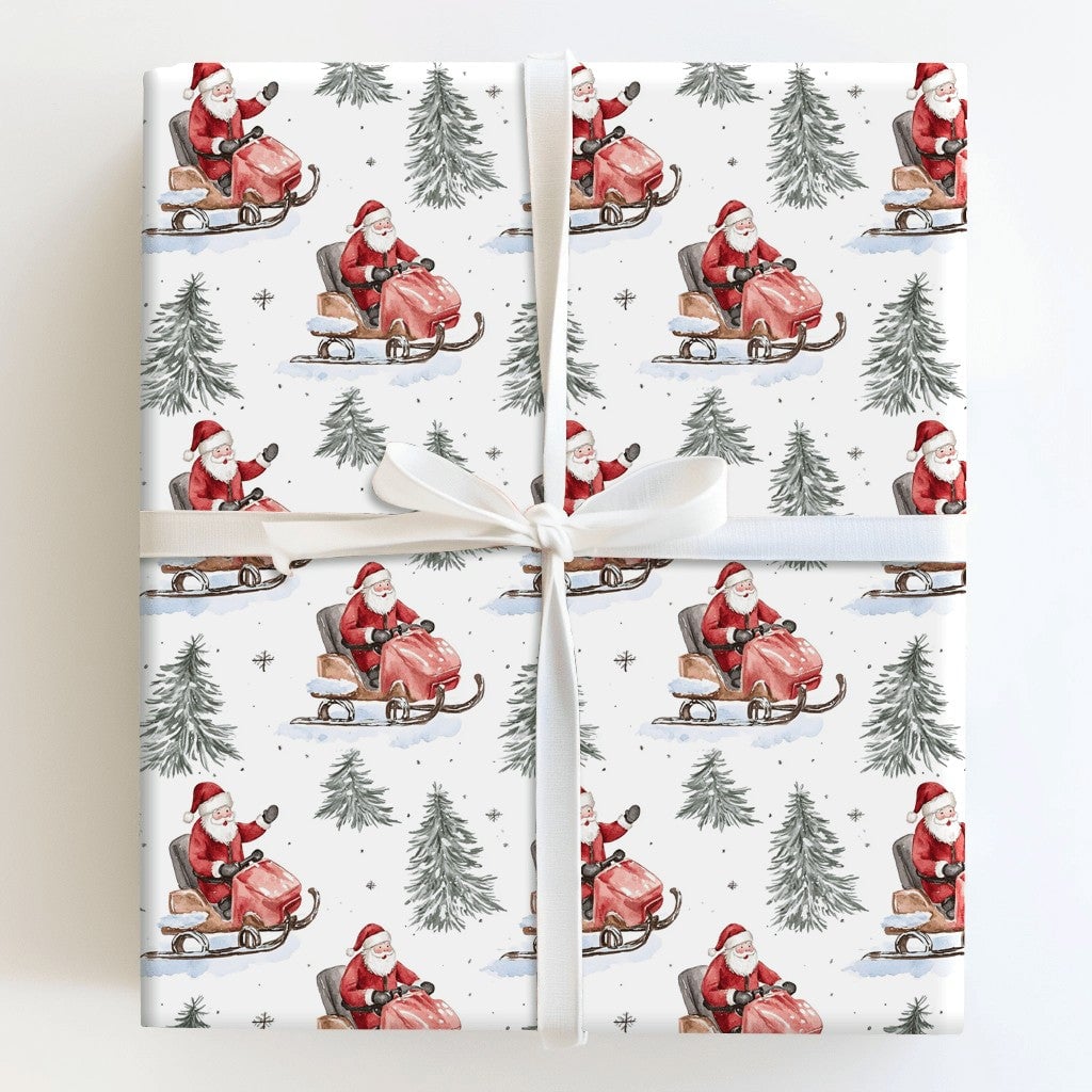 Watercolor Winter Sports Gift Wrap, Santa on Snowmobile Wrapping Paper, Red Vintage Santa Wrapping Paper, Christmas Present P