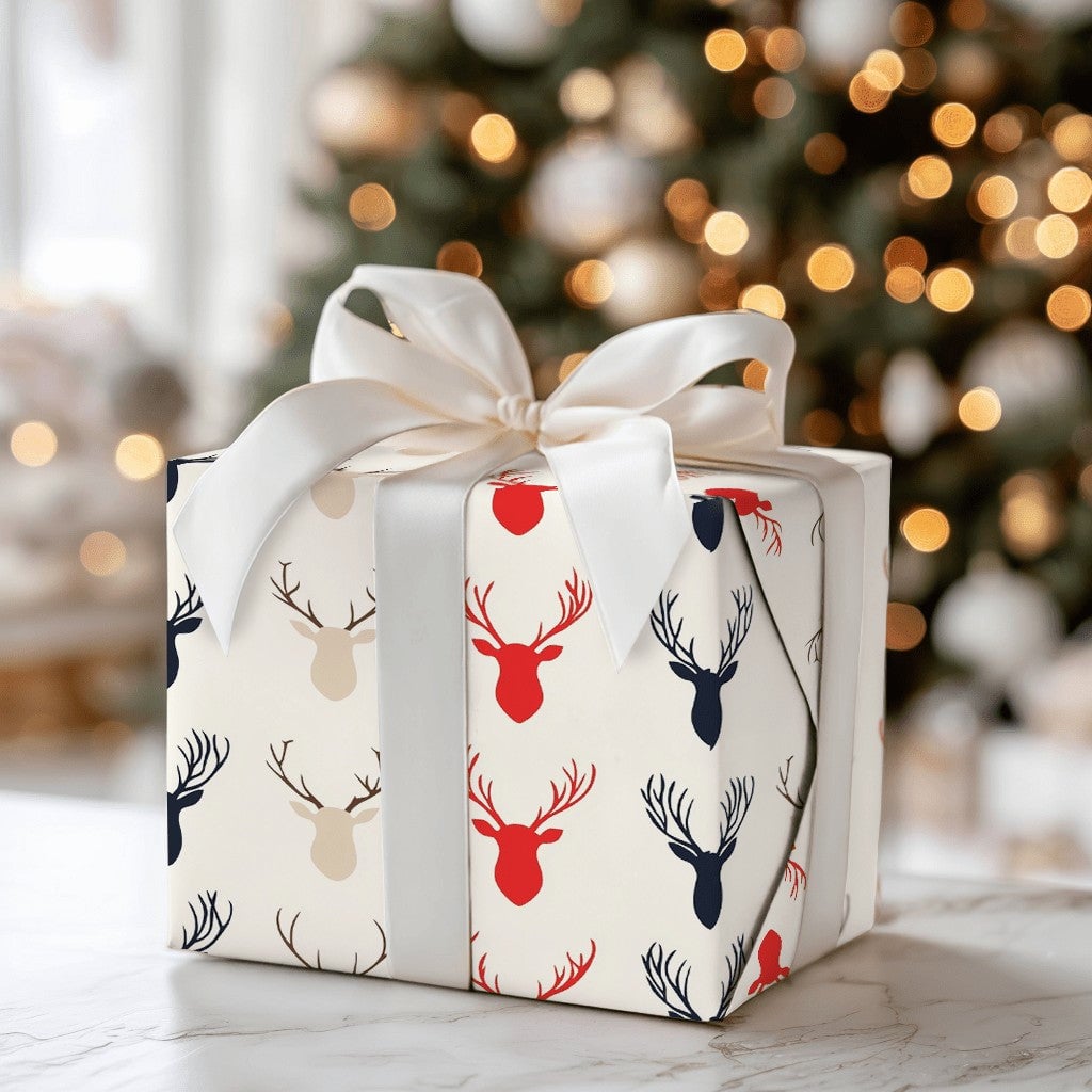 Modern Rustic Deer Gift Wrap, Reindeer Silhouette Christmas Wrapping Paper, Festive Winter Wrapping Paper, Holiday Season Pre