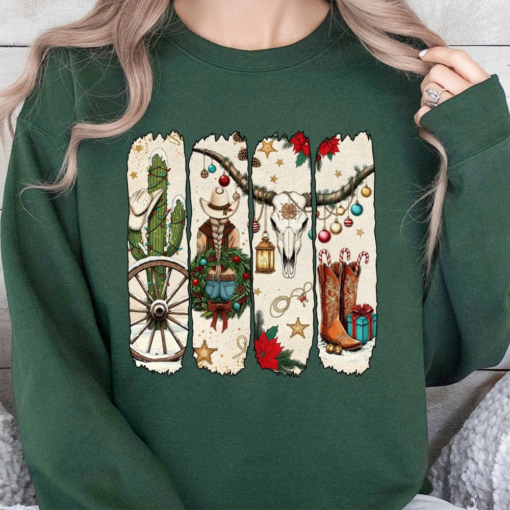 Western Holiday Sweatshirt, Cowgirl Christmas Sweatshirt, Cowboy Boots Xmas Sweatshirt, Festive Country Crewneck, Holiday Pre