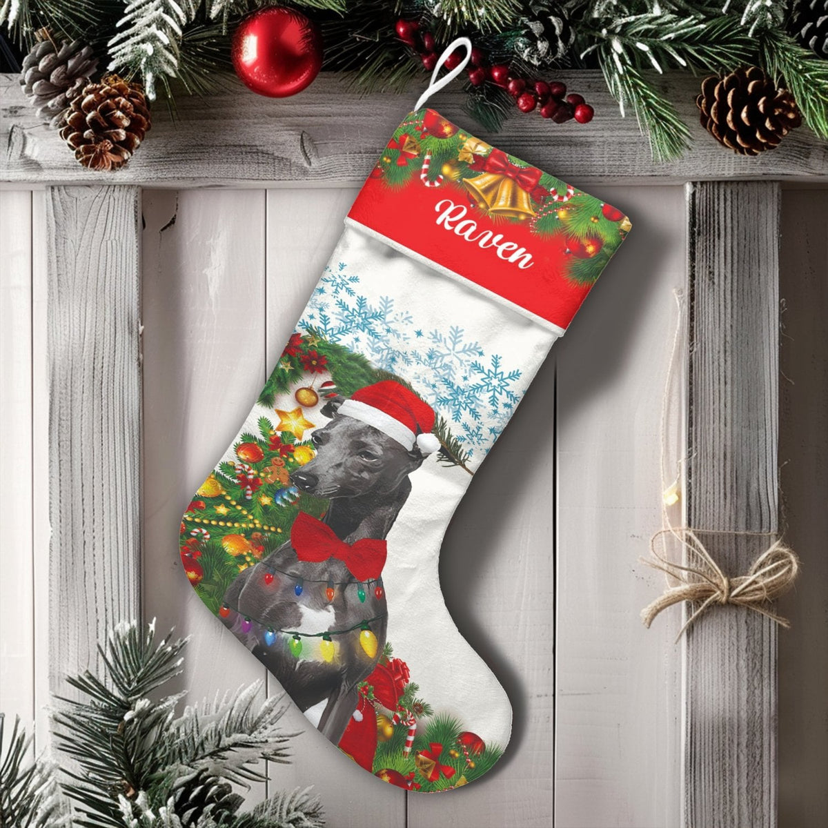 Custom Name Dog Lover Holiday Stocking, Personalized Greyhound Christmas Stocking, Adorable Sighthound Winter Stocking, Firep