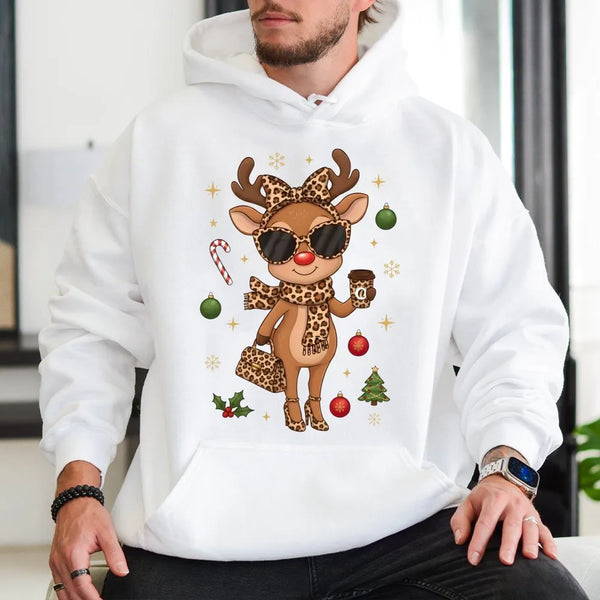 Leopard Print Christmas Hoodie, Boujee Reindeer Hoodie, Adorable Holiday Reindeer Hoodie, Festive Winter Sweatshirt, Xmas Pre