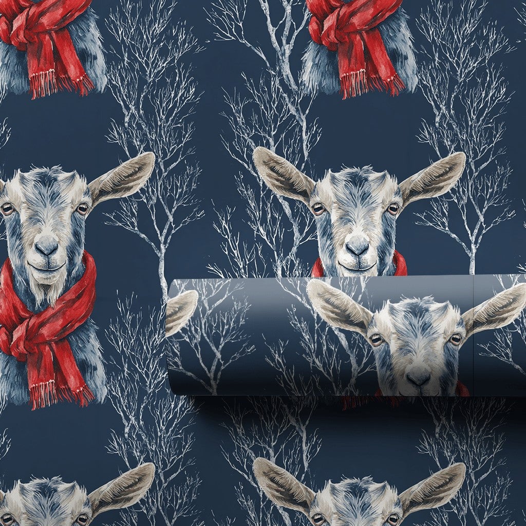 Navy Blue Red Scarf Holiday Gift Wrap, Winter Goat Christmas Wrapping Paper, Farm Animal Christmas Wrapping Paper, Festive Wi