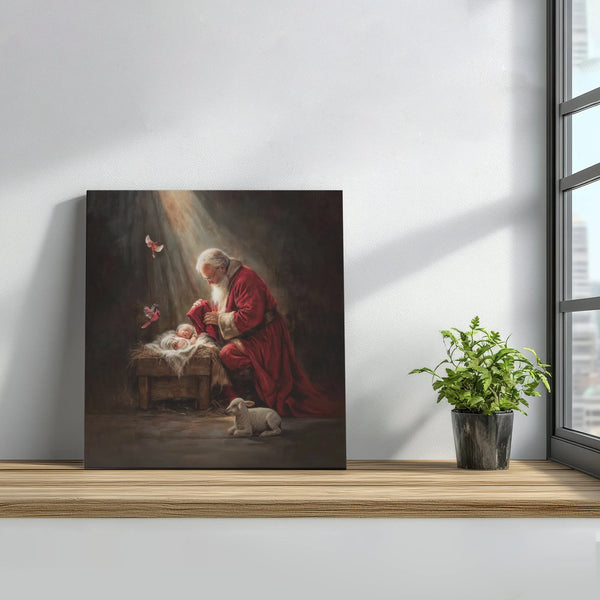 Baby Jesus Nativity Scene Oil Painting Print, Santa Kneeling at Manger Square Canvas Art, Christian Religious Christmas Canva
