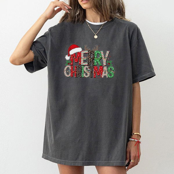 Leopard Reindeer Antlers Shirt, Merry Christmas T-Shirt, Buffalo Plaid Holiday Graphic Tee, Adorable Festive Xmas Outfit for 