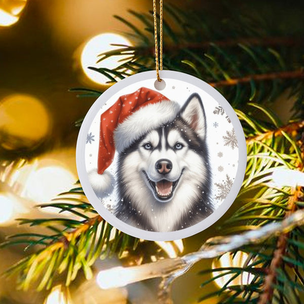 Santa Hat Dog Ceramic Ornament, Siberian Husky Christmas Ornament, Adorable Husky Tree Ornament, Winter Holiday Keepsake, Pre
