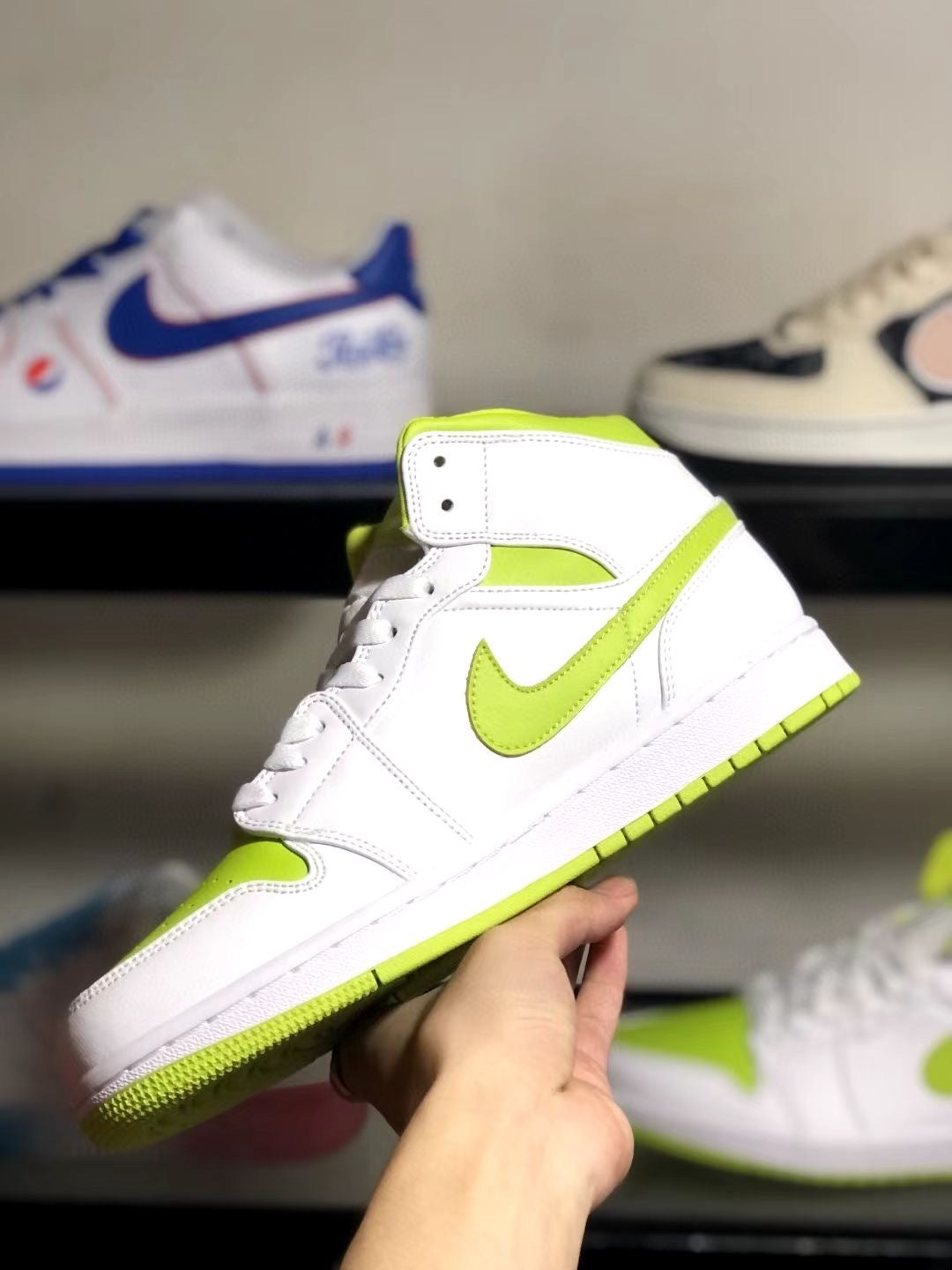 Mid Top Basketball Shoes, White Green Colorway, Lace Up Design, Casual Gift for Shoe Lovers