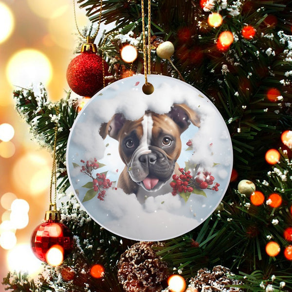Adorable Puppy in Snow Ornament, Boxer Dog Christmas Ornament, Ceramic Boxer Tree Ornament, Winter Dog Lover Keepsake, Holida