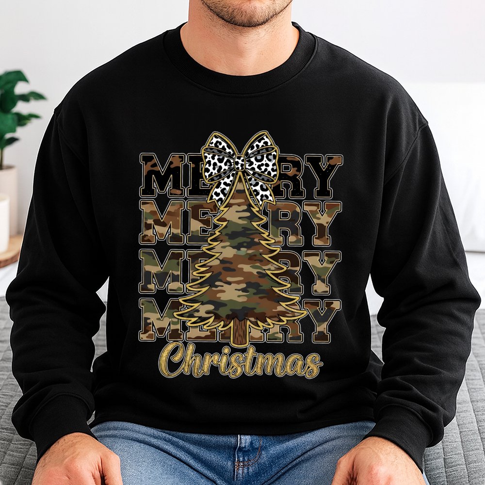 Leopard Bow Holiday Sweater, Camo Christmas Tree Sweatshirt, Rustic Country Xmas Crewneck, Winter Graphic Pullover, Christmas
