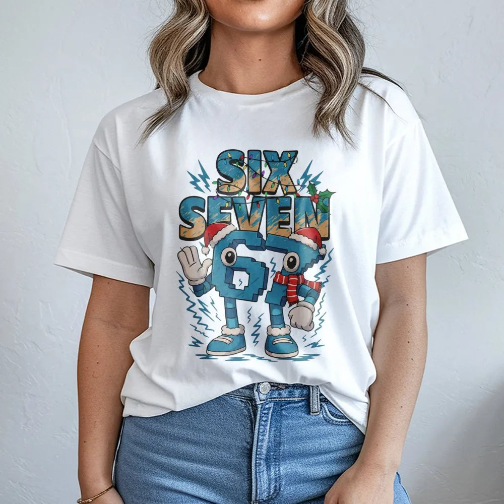 Humorous Gaming Character Holiday T-Shirt, Number 67 Christmas T-Shirt, Retro Gamer Meme Graphic T-Shirt, Xmas Video Game Tee