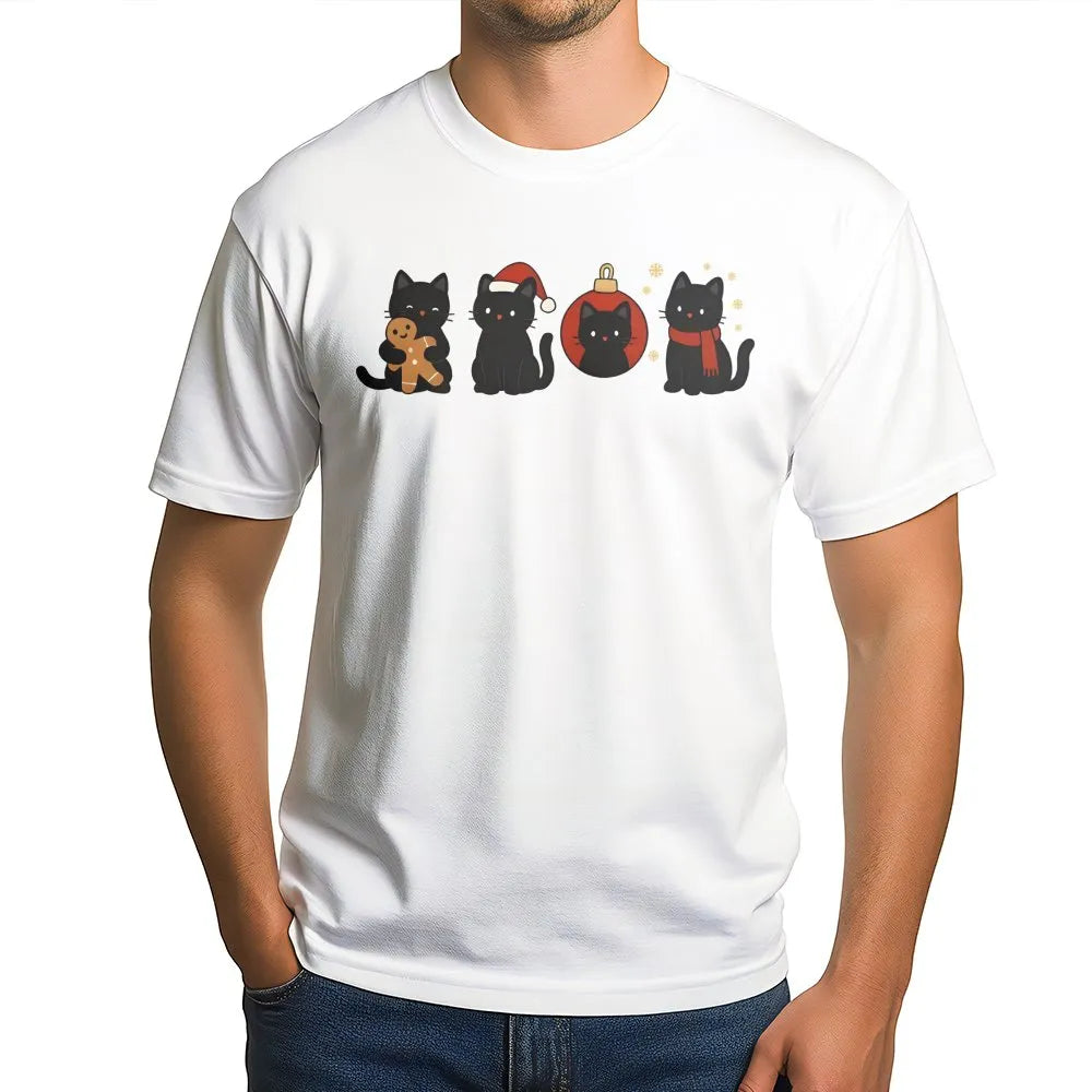 Festive Holiday Cat Christmas Shirt, Black Cat Christmas T-Shirt, Adorable Kitten Xmas Graphic Tee, Retro Christmas Cat T-Shi
