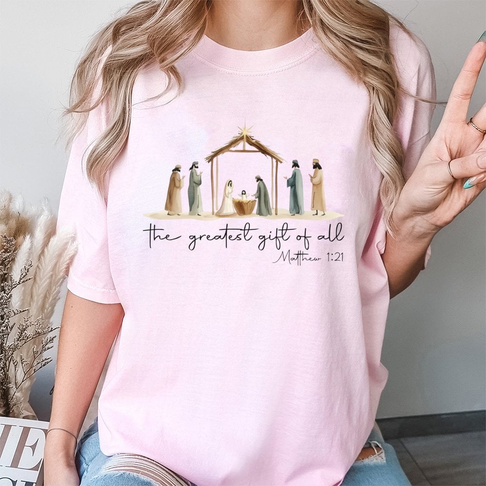 The Greatest Present of All Shirt, Nativity Scene T-Shirt, Christian Christmas Graphic Tee, Faith Religious T-Shirt, Holiday 