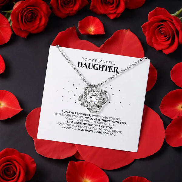 Cubic Zirconia Love Knot Necklace, Daughter Love Knot Necklace, Gold Finish Pendant Necklace, Christmas Present for Daughter,