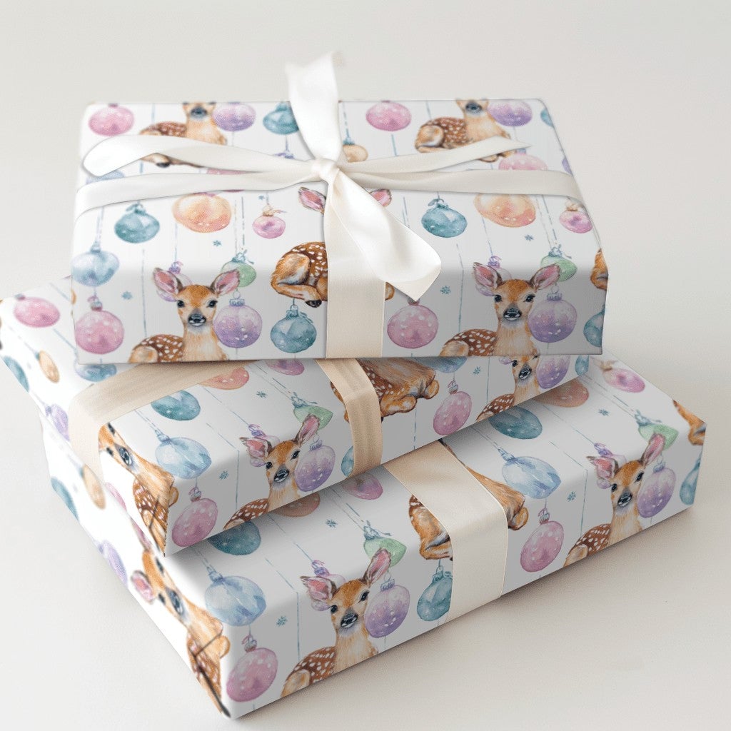 Baby Deer Christmas Gift Wrap, Watercolor Fawn Wrapping Paper, Pastel Baubles Holiday Present Paper, Whimsical Winter Wrap Ro