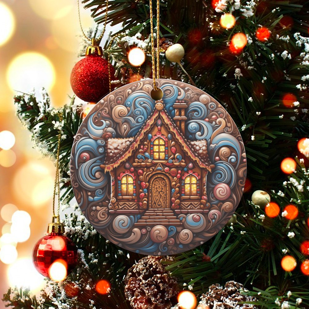 Swirl Holiday Ornament, Psychedelic Gingerbread House Ornament, Colorful Candy Cottage Ceramic Ornament, Christmas Tree Keeps