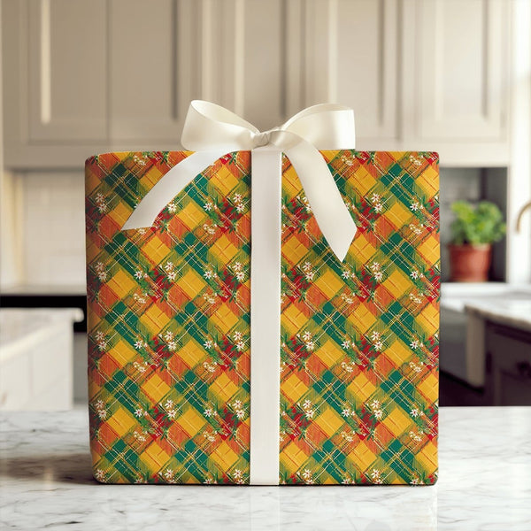 Tartan Plaid Holiday Gift Wrap, Floral Plaid Christmas Wrapping Paper, Rustic Green and Red Wrapping Paper, Winter Floral Gif