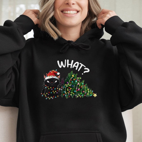 Humorous Cat with Holiday Lights Hoodie, Grumpy Black Cat Christmas Hoodie, Sarcastic Christmas Cat Mom Pullover, Adorable Xm