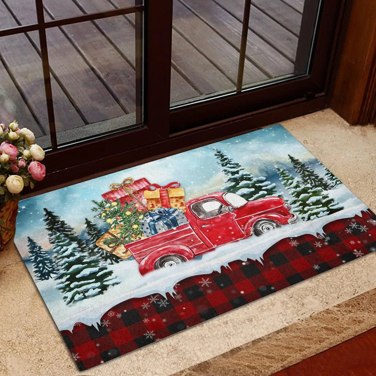Buffalo Plaid Tartan Welcome Mat, Christmas Red Truck Doormat, Winter Christmas Entryway Mat, Farmhouse Christmas Floor Mat, 