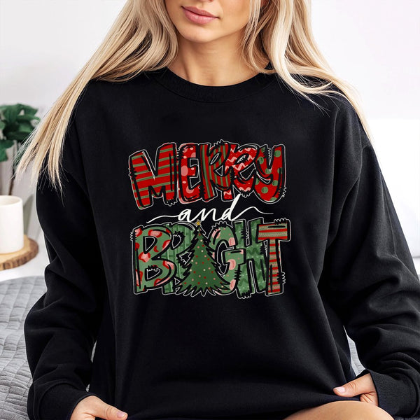 Plaid Christmas Tree Crewneck, Merry and Bright Sweatshirt, Festive Holiday Pullover Sweater, Adorable Winter Xmas Graphic Sw