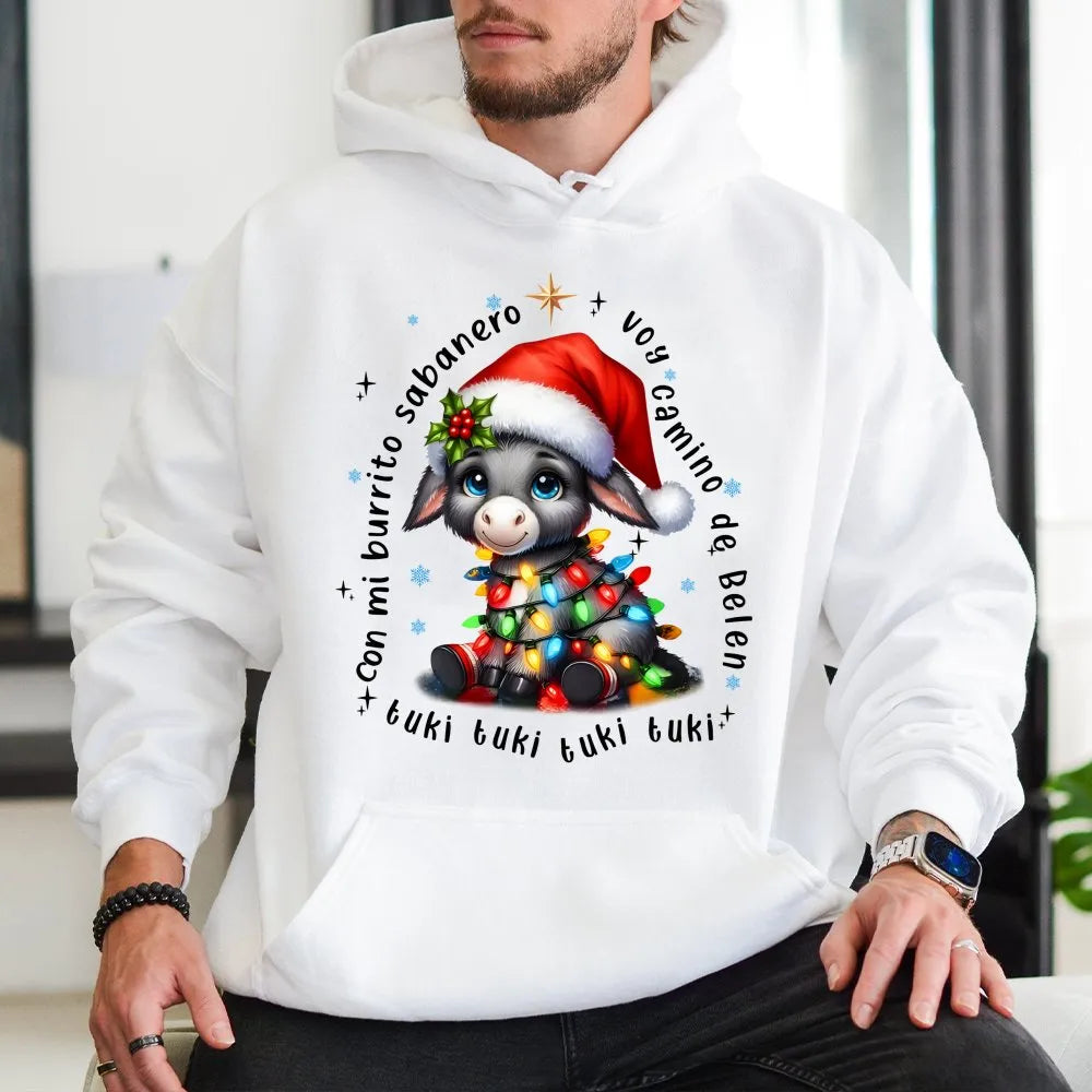 Adorable Donkey Christmas Lights Sweatshirt, Mi Burrito Sabanero Hoodie, Spanish Villancico Holiday Pullover, Festive Latino 