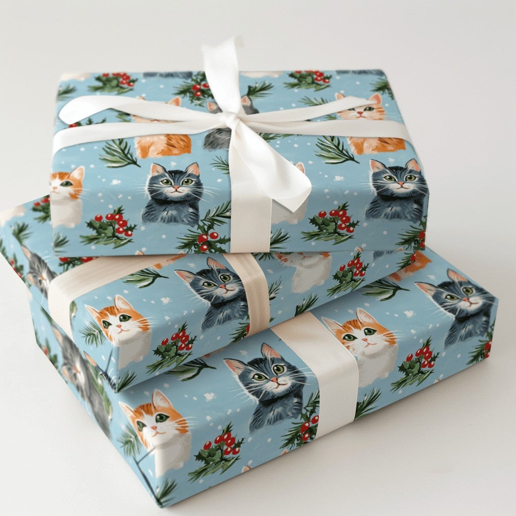 Adorable Kitten Holiday Gift Wrap, Christmas Cat Wrapping Paper, Festive Winter Cat Lover Wrapping Paper, Holly Pine Pet Love