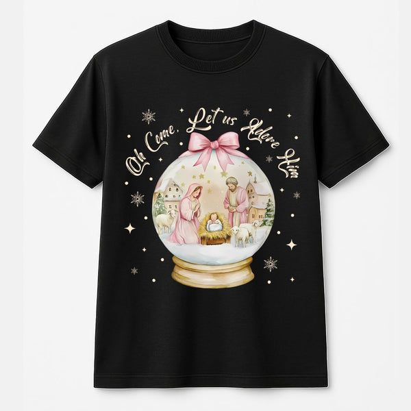 Nativity Christmas T-Shirt, Oh Come Let Us Adore Him Shirt, Snow Globe Christian Graphic Tee, Religious Holiday Shirt, Faith 