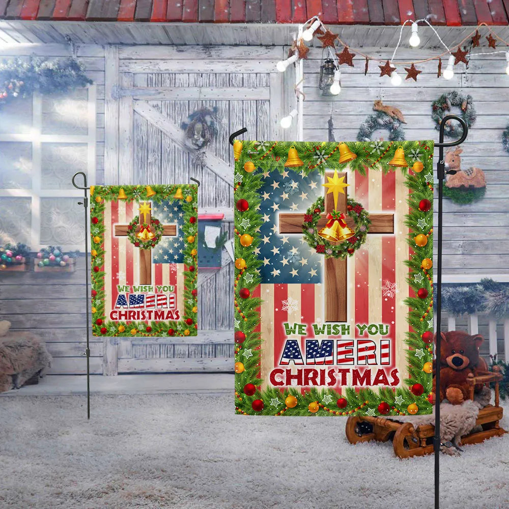 Double Sided Patriotic Lawn Flag, Christian Cross American Flag Garden Flag We Wish You Ameri Christmas Yard Flag, Holiday Ya